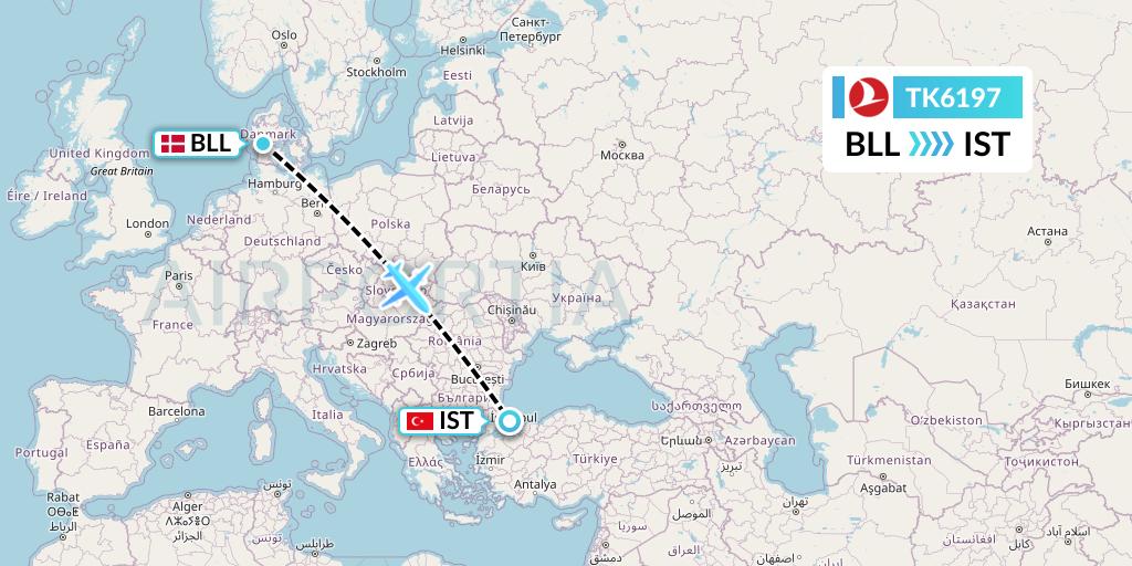 TK6197 Turkish Airlines Flight Map: Billund to Istanbul