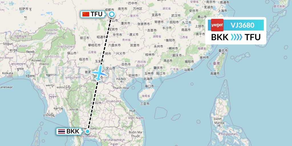 VJ3680 VietJet Air Flight Map: Bangkok to Chengdu