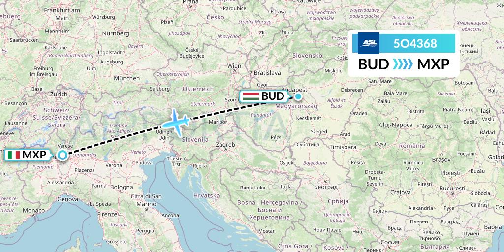 5O4368 ASL Airlines France Flight Map: Budapest to Milan
