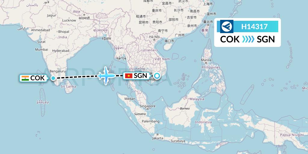 H14317 Hahn Air Systems Flight Map: Cochin to Ho Chi Minh City