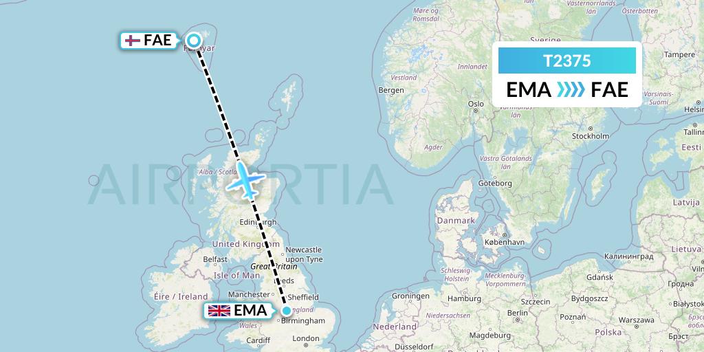 T2375 Tair Airways Flight Map: East Midlands to Vagar
