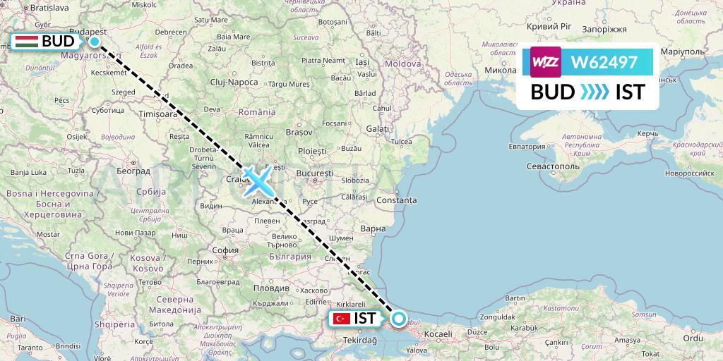 W62497 Wizz Air Flight Map: Budapest to Istanbul
