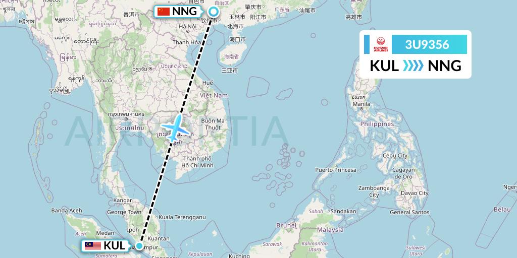 3U9356 Sichuan Airlines Flight Map: Kuala Lumpur to Nanning
