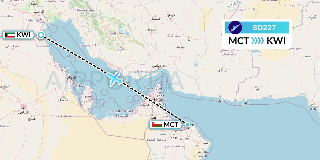 8D227 FitsAir Flight Map: Muscat to Kuwait City