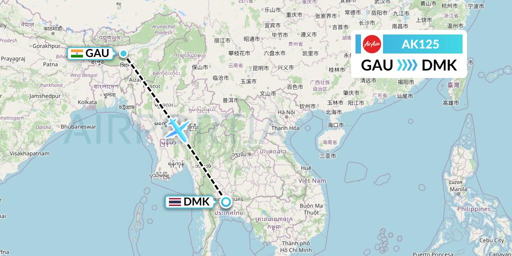 AK125 AirAsia Flight Map: Guwahati to Bangkok