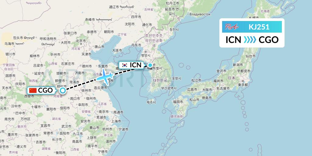 KJ251 Air Incheon Flight Map: Seoul to Zhengzhou