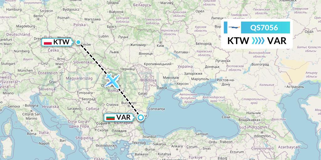 QS7056 Smartwings Flight Map: Katowice to Varna
