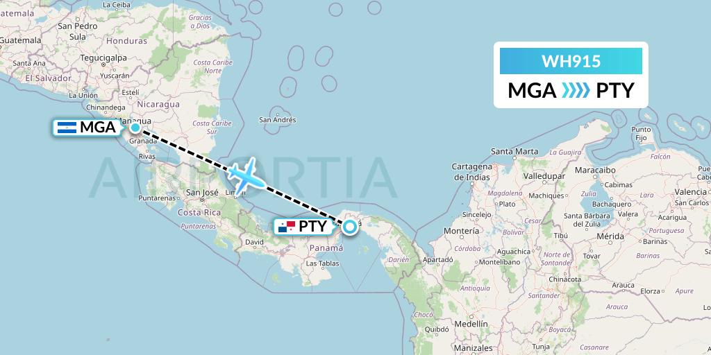 WH915 West African Airlines Flight Map: Managua to Panama City