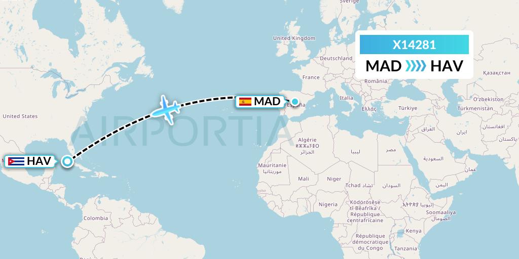 X14281 Nik Airways Flight Map: Madrid to Havana