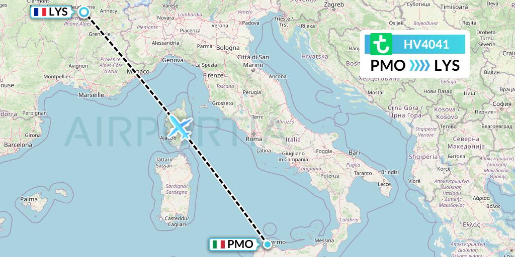 HV4041 Transavia Flight Map: Palermo to Lyon