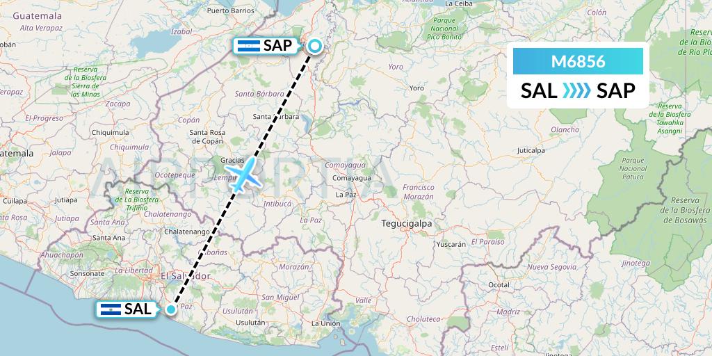 M6856 Amerijet International Flight Map: San Salvador to San Pedro Sula