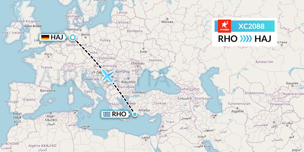 XC2088 Corendon Airlines Flight Map: Rhodes to Hannover