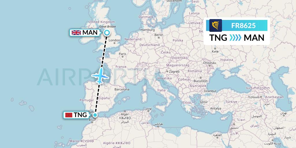 FR8625 Ryanair Flight Map: Tangier to Manchester