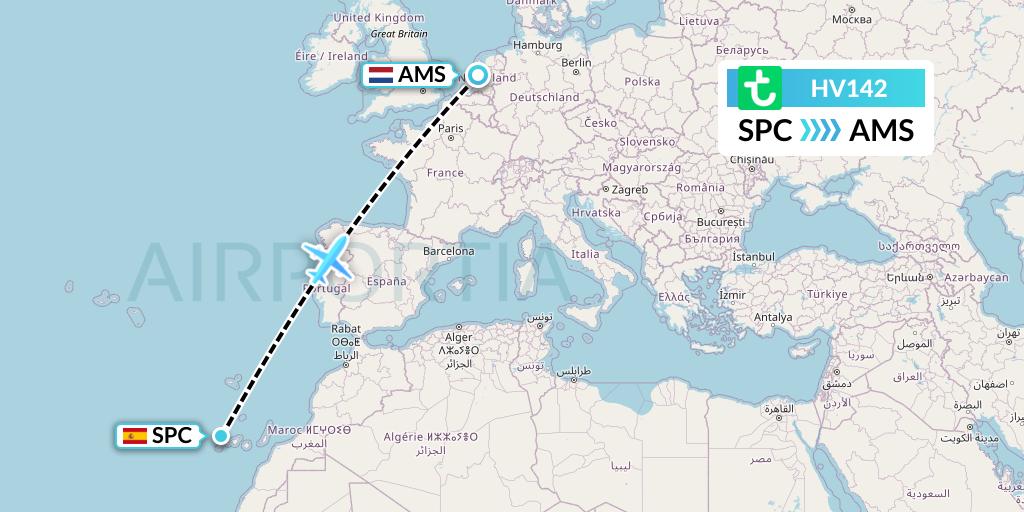 HV142 Transavia Flight Map: La Palma to Amsterdam