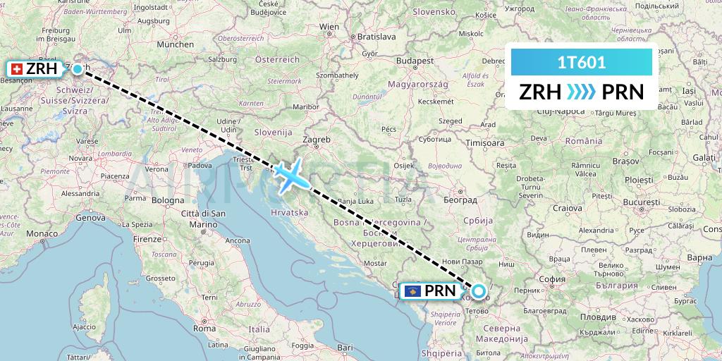 1T601 Russian Sky Flight Map: Zurich to Pristina