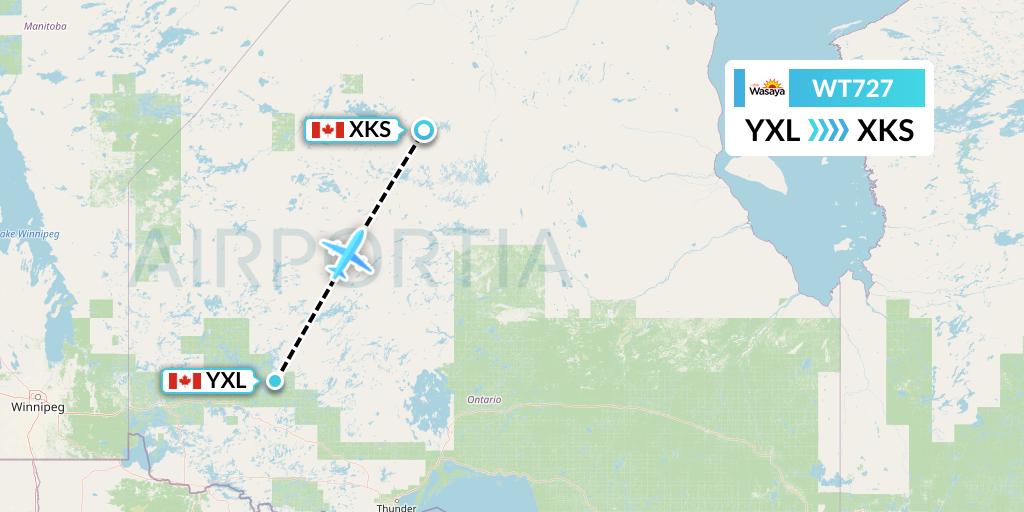 WT727 Swiftair Flight Map: Sioux Lookout to Kasabonika