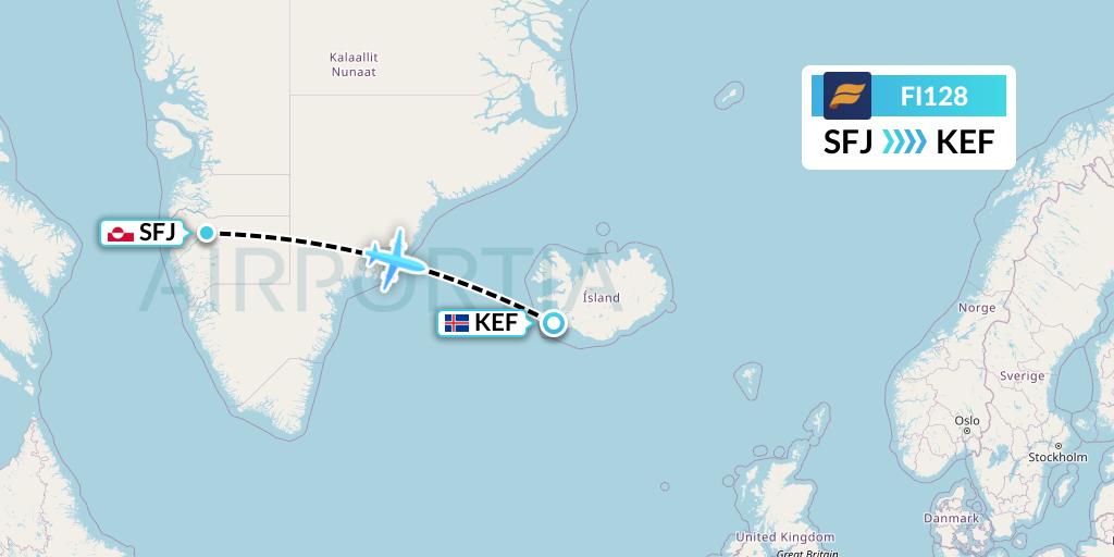 FI128 Icelandair Flight Map: Kangerlussuaq to Reykjavik