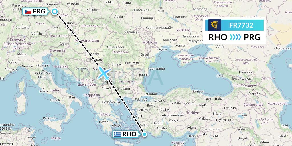FR7732 Ryanair Flight Map: Rhodes to Prague