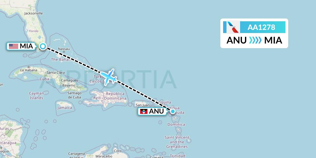 AA1278 American Airlines Flight Map: Antigua to Miami