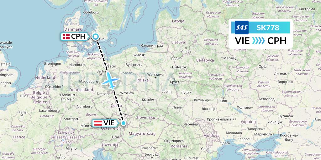 SK778 SAS Flight Map: Vienna to Copenhagen