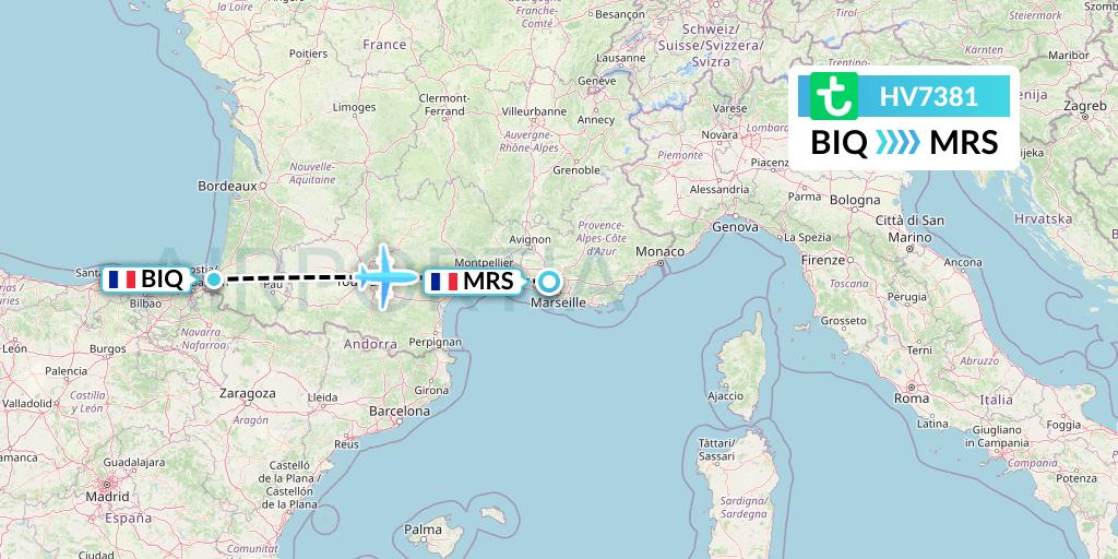 HV7381 Transavia Flight Map: Biarritz to Marseille