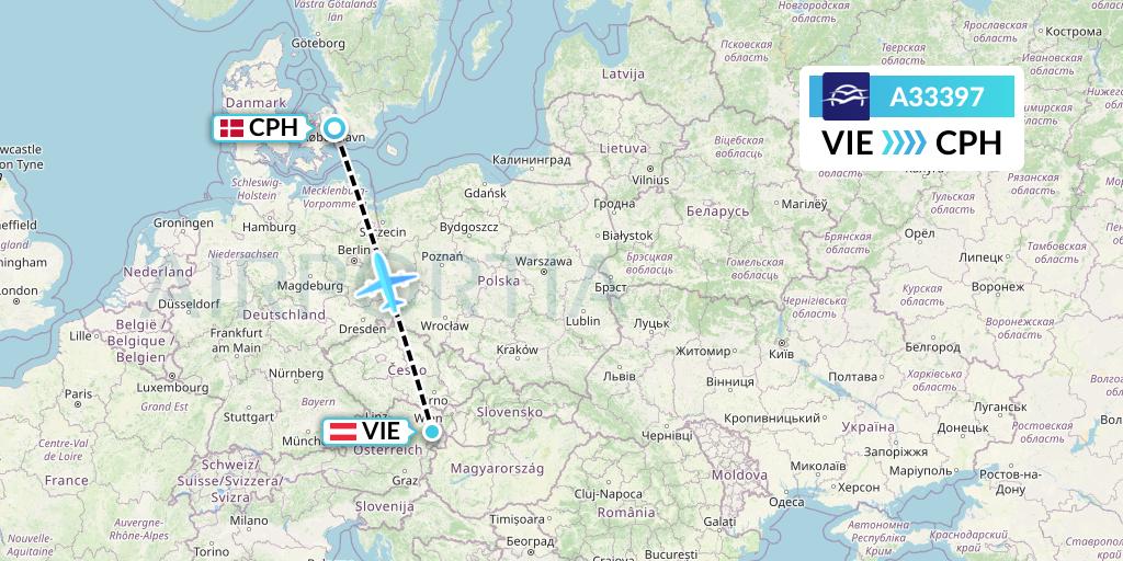 A33397 Aegean Airlines Flight Map: Vienna to Copenhagen