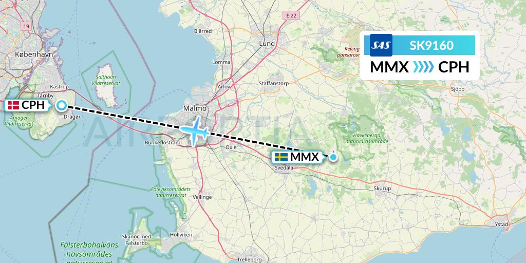 SK9160 SAS Flight Map: Malmo to Copenhagen