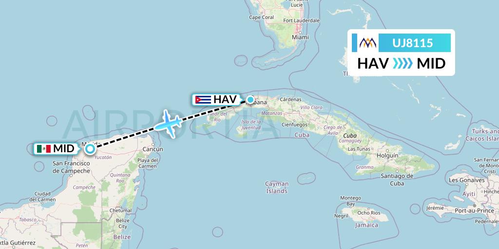 UJ8115 AlMasria Universal Airlines Flight Map: Havana to Merida