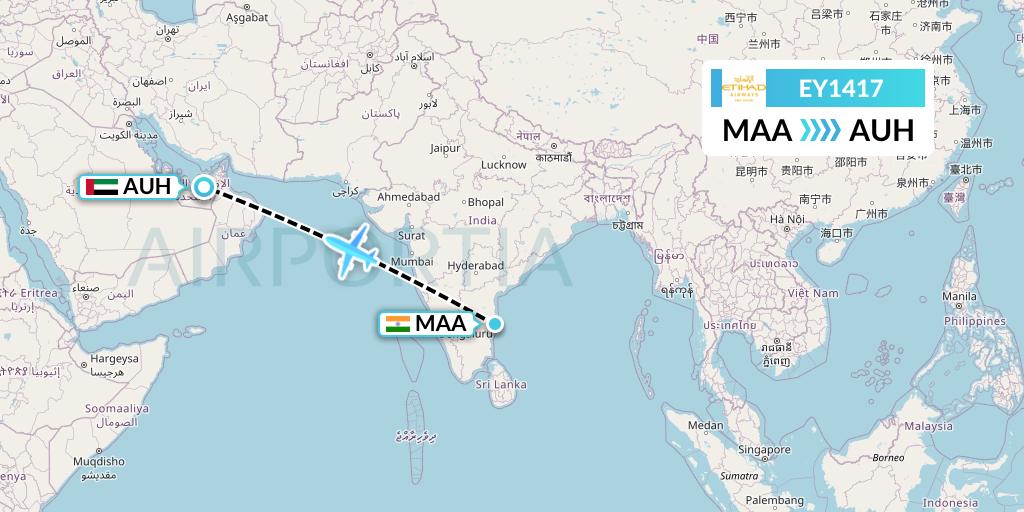 EY1417 Etihad Airways Flight Map: Chennai to Abu Dhabi