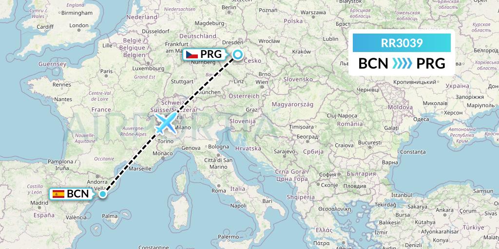 RR3039 Royal Air Force Flight Map: Barcelona to Prague