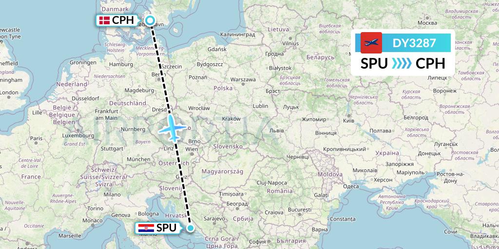 DY3287 Norwegian Flight Map: Split to Copenhagen