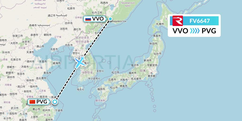 FV6647 Rossiya Flight Map: Vladivostok to Shanghai