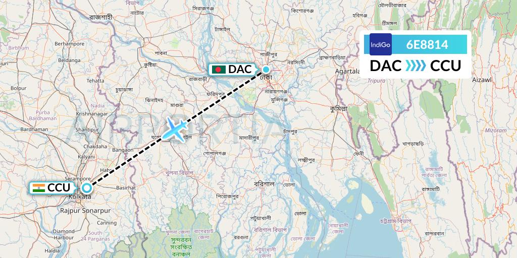 6E8814 IndiGo Airlines Flight Map: Dhaka to Kolkata