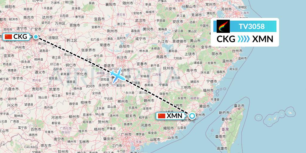 TV3058 Tibet Airlines Flight Map: Chongqing to Xiamen
