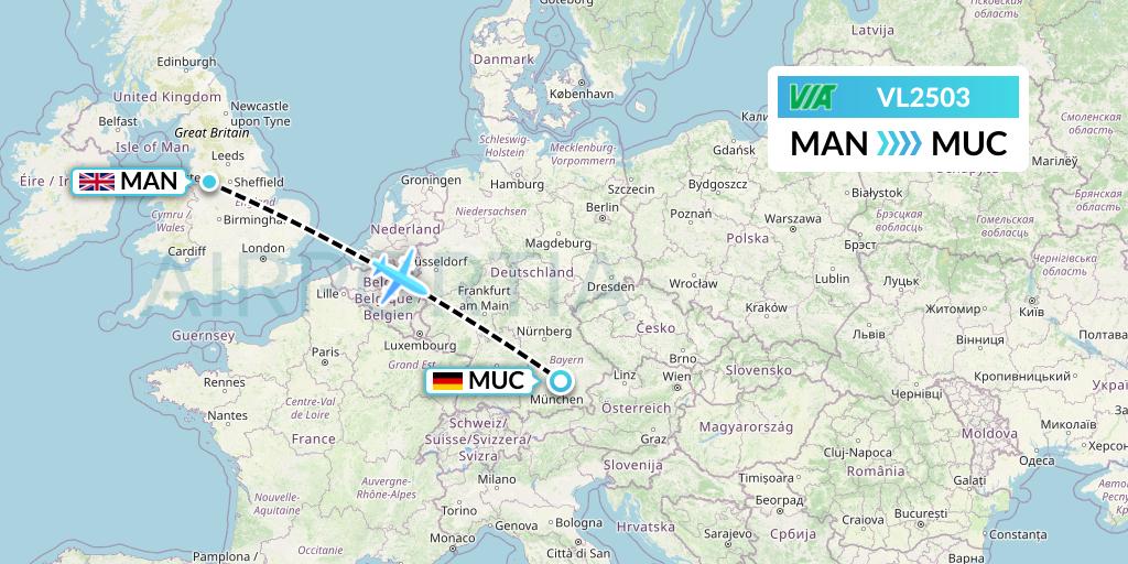 VL2503 Air Via Flight Map: Manchester to Munich