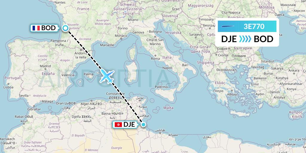 3E770 Air Choice One Flight Map: Djerba to Bordeaux