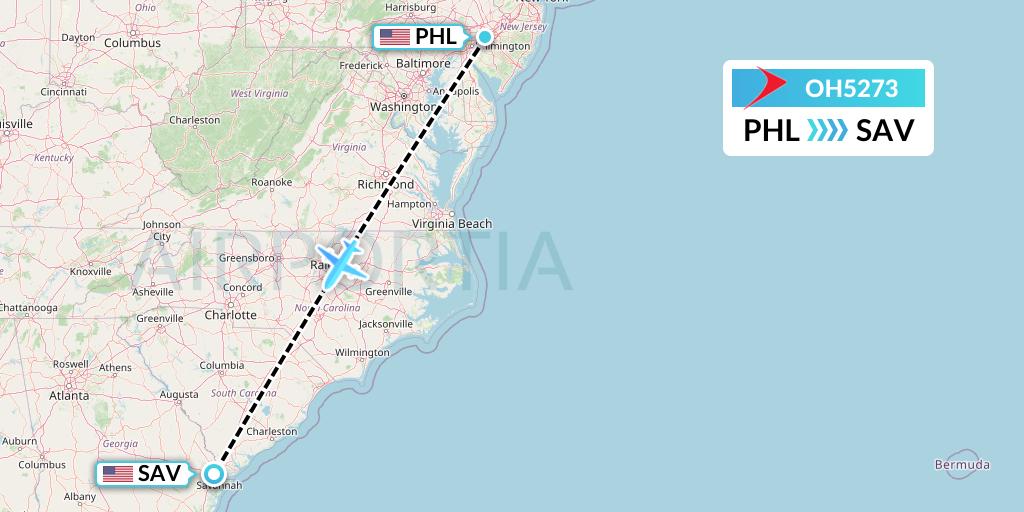 OH5273 PSA Airlines Flight Map: Philadelphia to Savannah