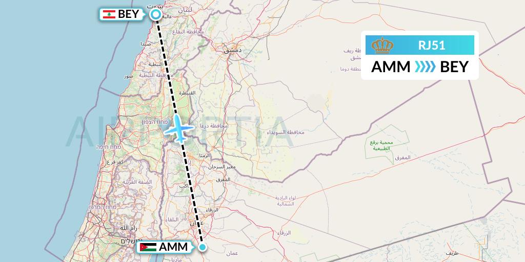 RJ51 Royal Jordanian Flight Map: Amman to Beirut
