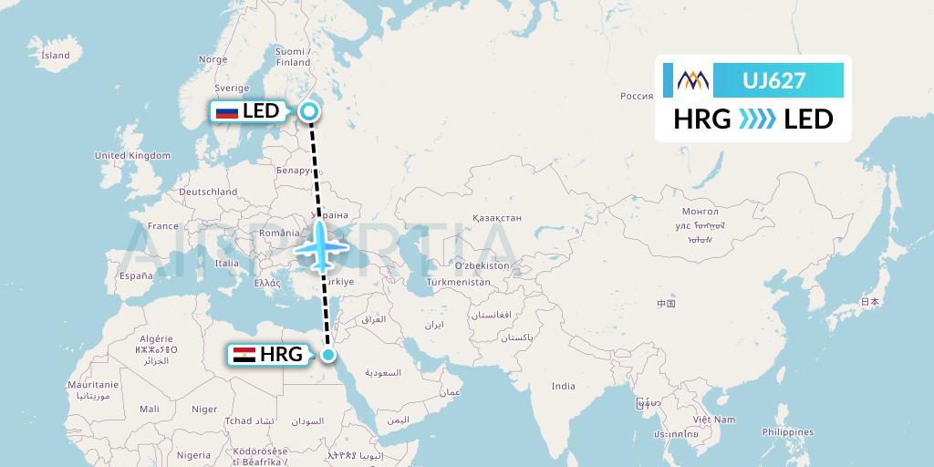 UJ627 AlMasria Universal Airlines Flight Map: Hurghada to St. Petersburg
