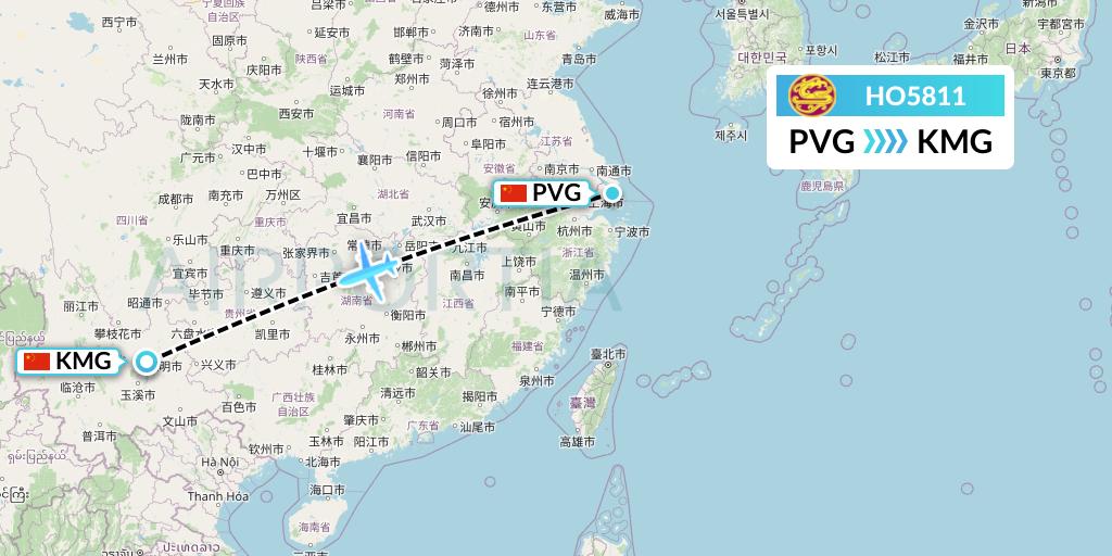 HO5811 Juneyao Airlines Flight Map: Shanghai to Kunming