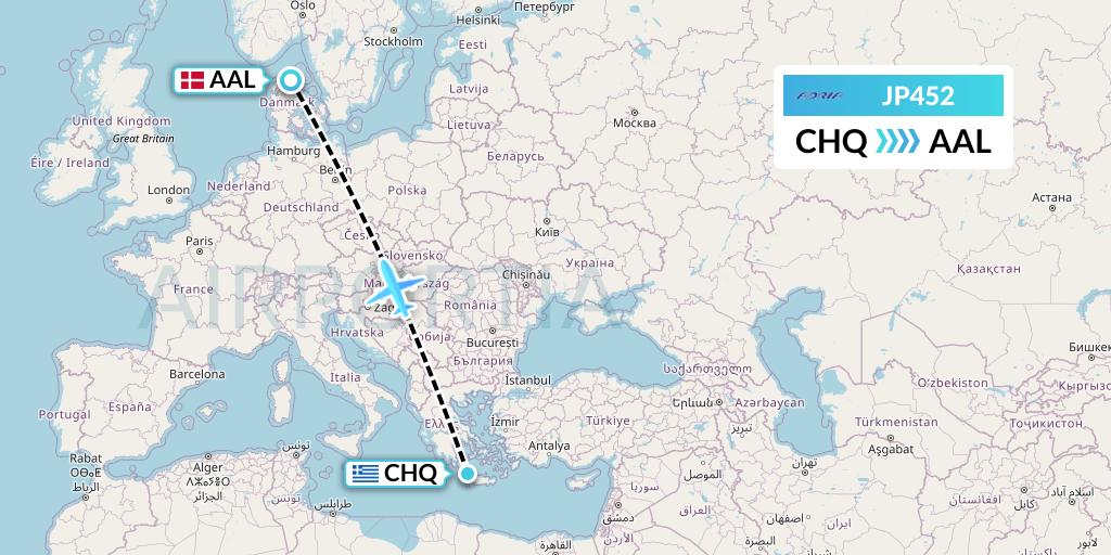 JP452 Adria Airways Flight Map: Chania to Aalborg