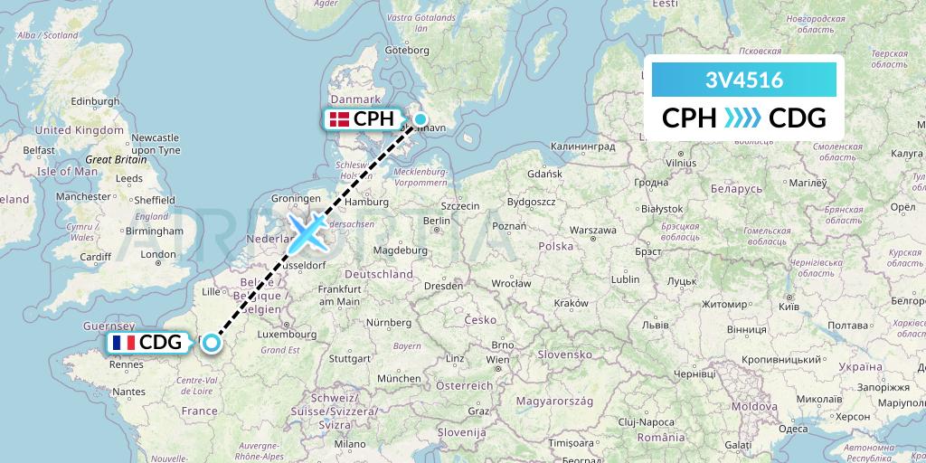 3V4516 ASL Airlines Belgium Flight Map: Copenhagen to Paris