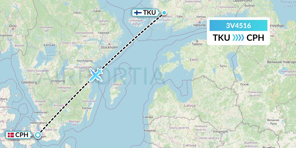 3V4516 ASL Airlines Belgium Flight Map: Turku to Copenhagen