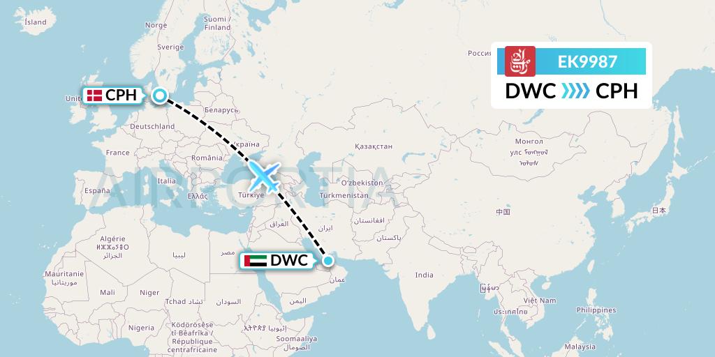 EK9987 Emirates Flight Map: Dubai to Copenhagen