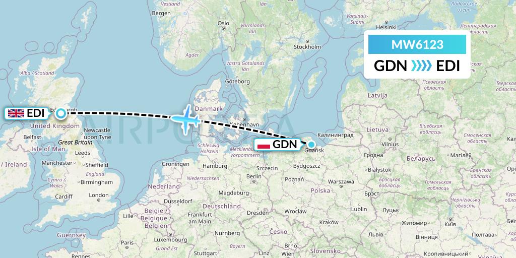 MW6123 Mokulele Flight Service Flight Map: Gdansk to Edinburgh