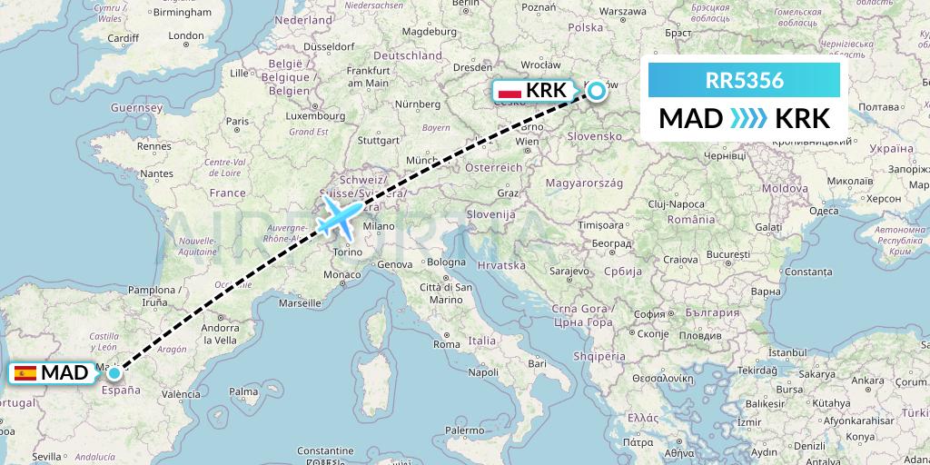 RR5356 Royal Air Force Flight Map: Madrid to Krakow