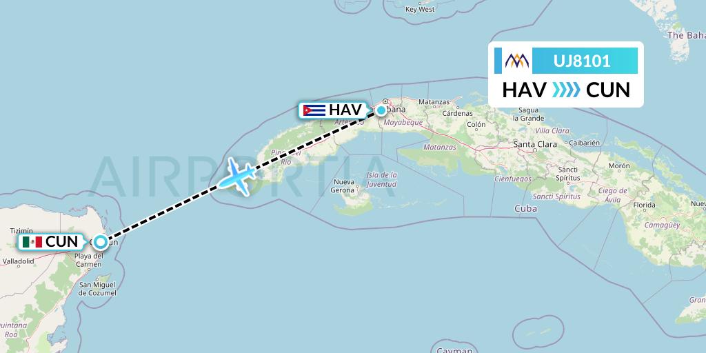 UJ8101 AlMasria Universal Airlines Flight Map: Havana to Cancun