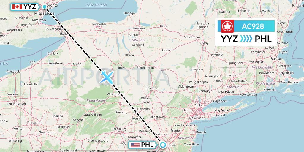 AC928 Air Canada Flight Map: Toronto to Philadelphia