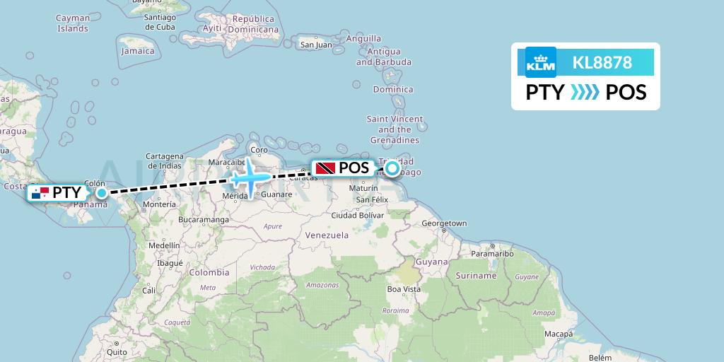 KL8878 KLM Flight Map: Panama City to Port of Spain