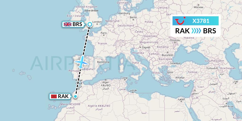 X3781 TUI fly Germany Flight Map: Marrakesh to Bristol